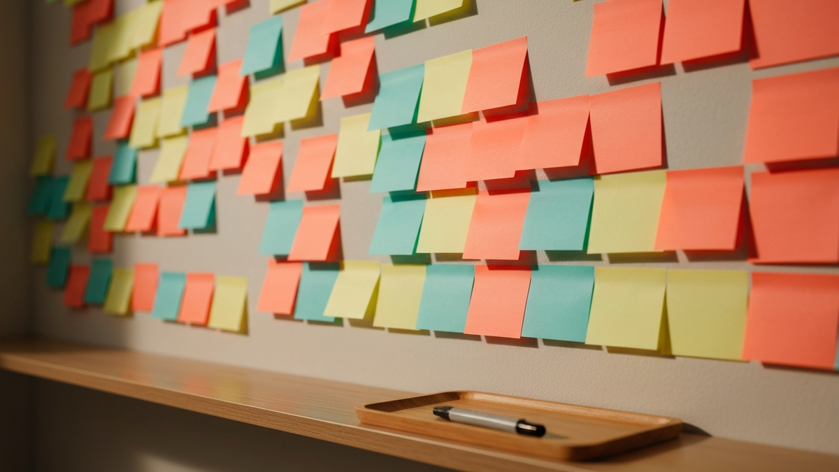 An office wall of colorful sticky notes forming a skills roadmap