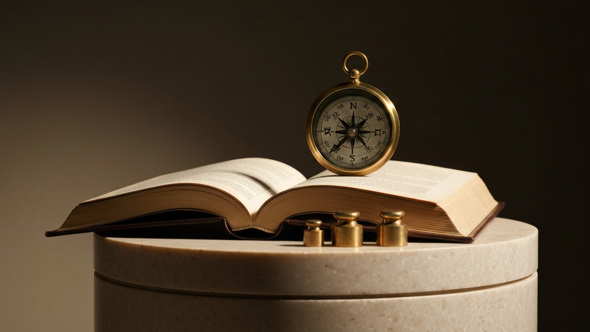 Brass compass resting on an open book of principles, symbolizing responsible AI guidance and human oversight