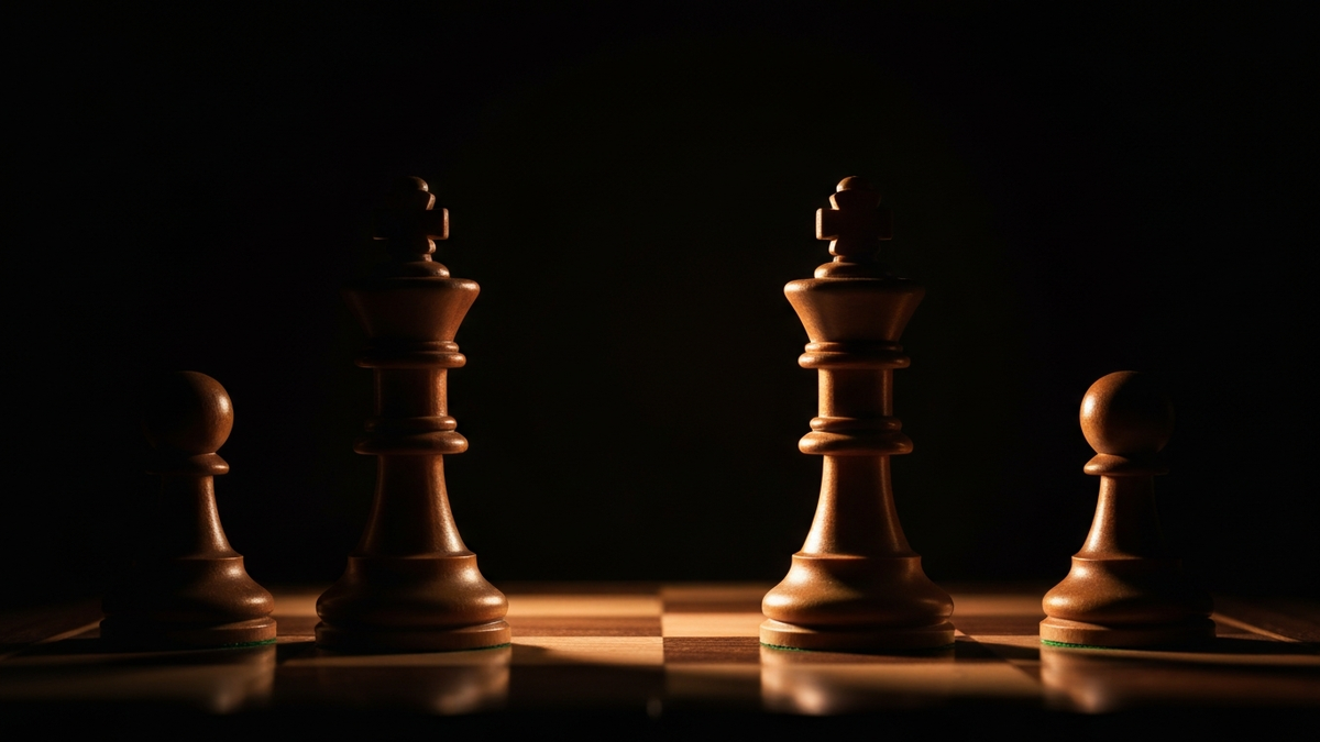 Two chess kings facing off across a board in dramatic light