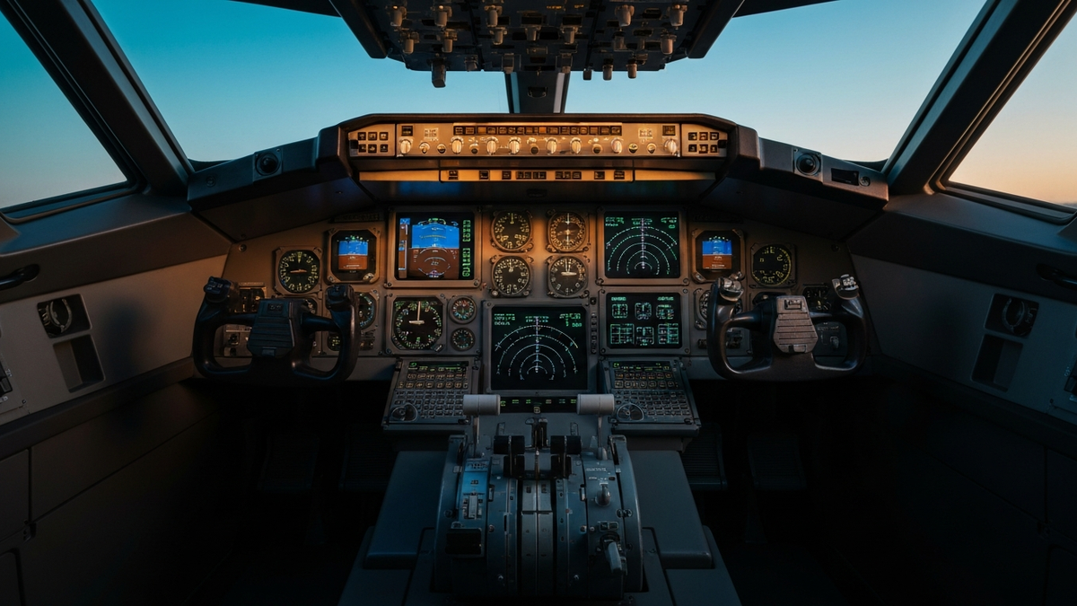 Airliner cockpit instrument panel at dawn light