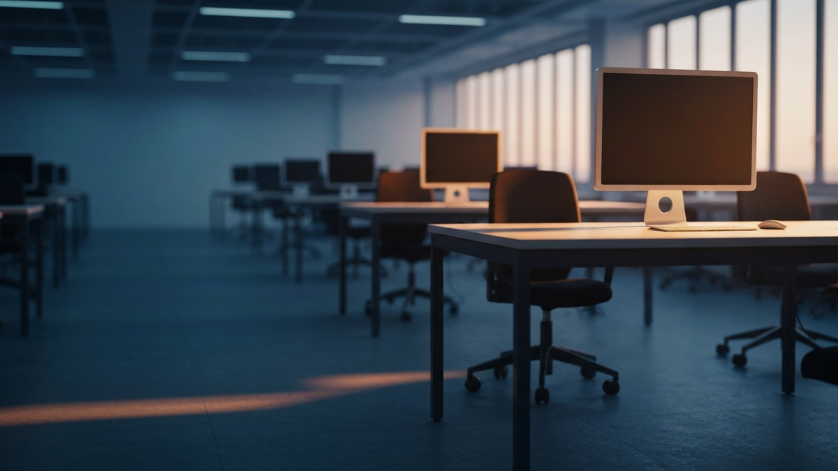 Empty office floor at dusk with a single glowing monitor, evoking AI hollowing out industries