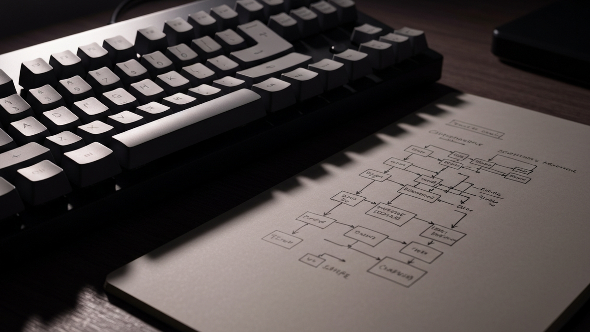 A mechanical keyboard beside a notebook of hand-drawn architecture diagrams