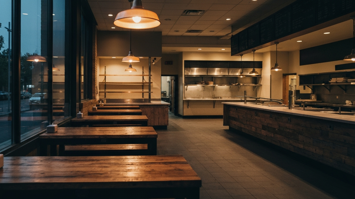 Empty warmly lit vegetarian fast-casual restaurant interior at dusk with bare counters