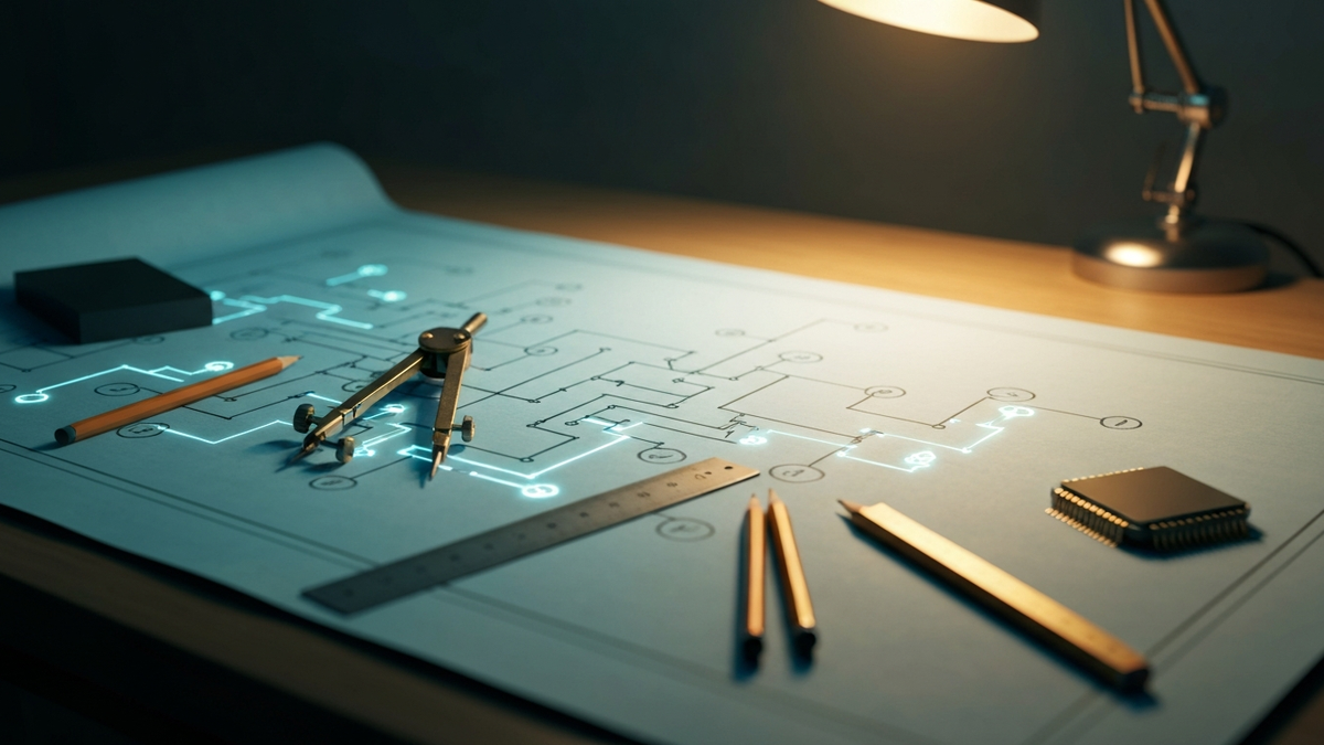 Architectural blueprint of a software system being redrawn with drafting tools, symbolizing AI reshaping the coding job map