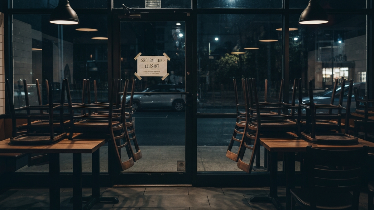 A darkened closed restaurant with chairs stacked on tables and a closure notice on the door