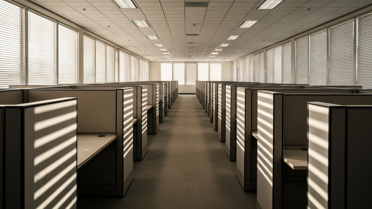 Empty office cubicles striped by sunlight through blinds