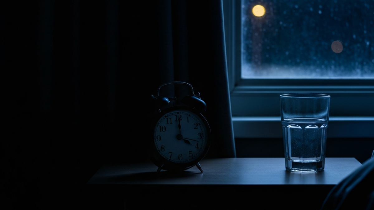 A dim nightstand at 3 a.m. with an analog alarm clock