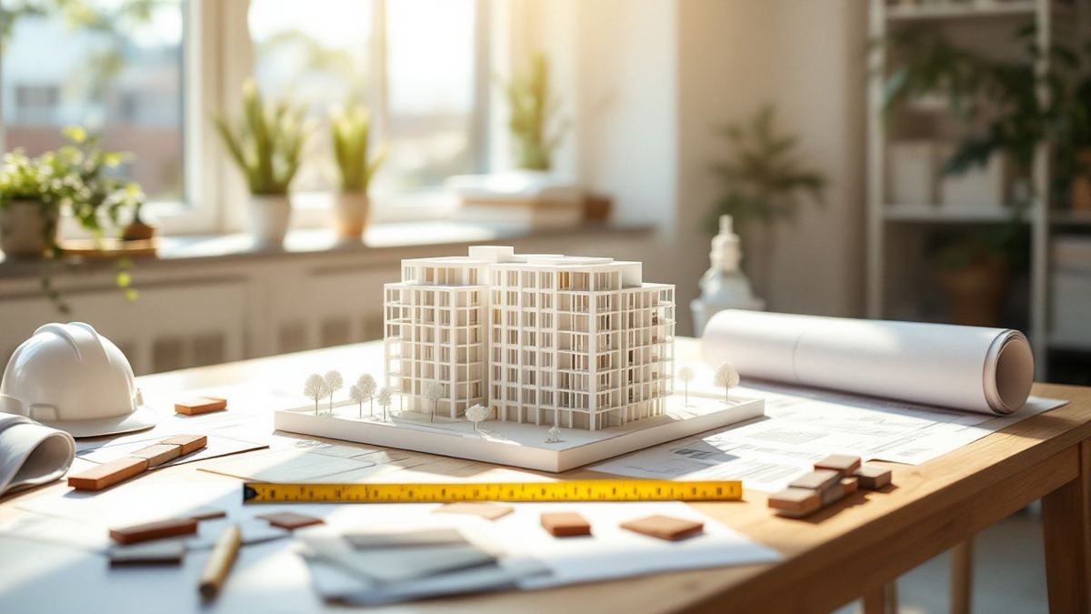 A scale model of an apartment block with building plans and a hard hat on a sunny studio table