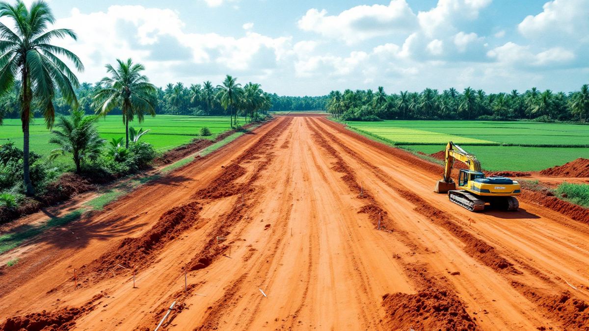 A freshly cleared red-earth industrial plot with survey stakes and an excavator, paddy fields and palms around