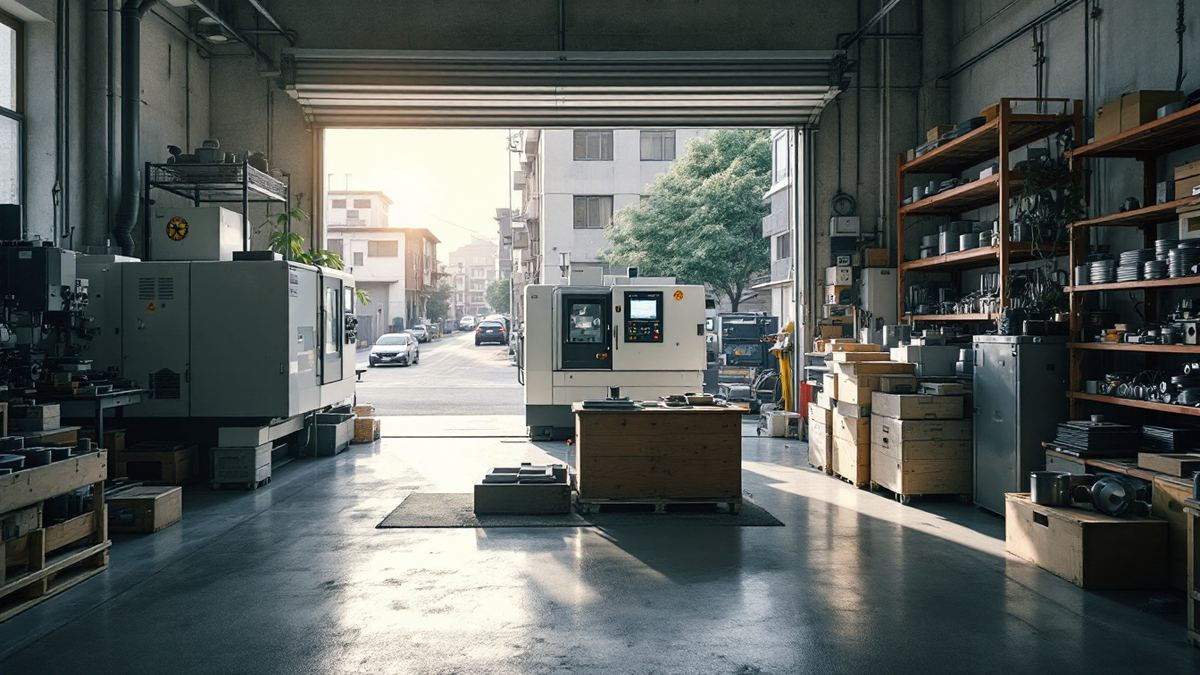 Small Korean machining workshop with CNC machines, door open to the street