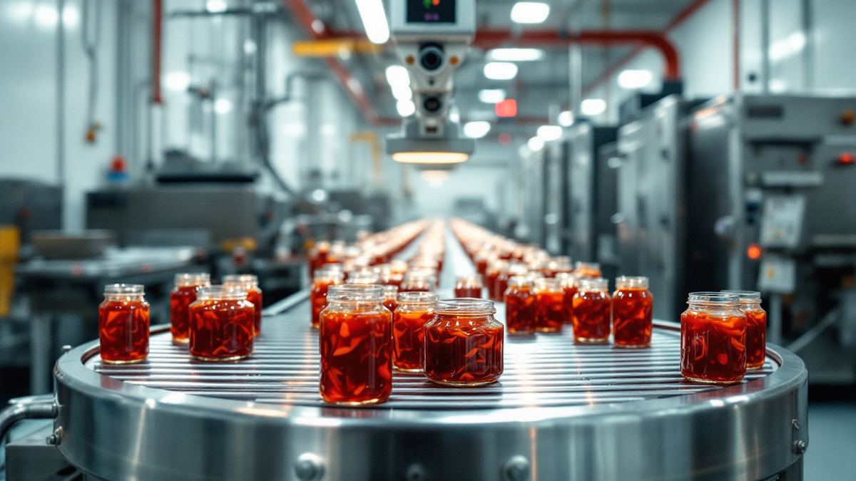 Chili sauce jars passing a camera inspection arch on a factory line