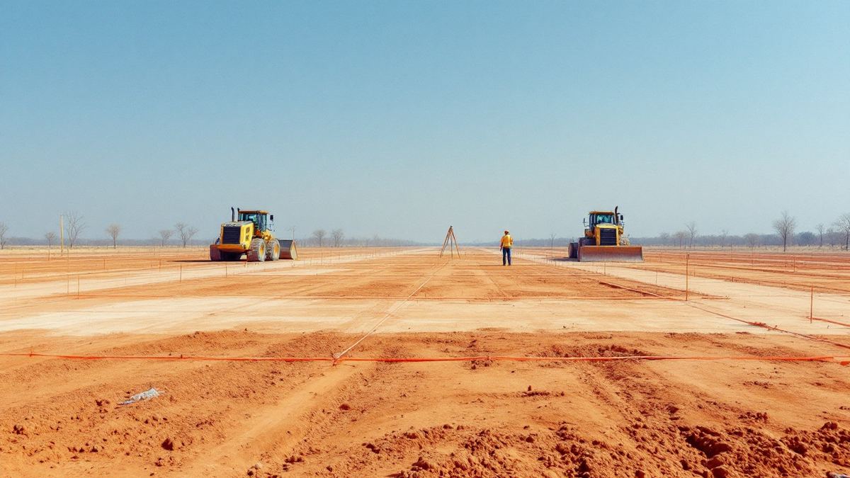 A cleared factory plot in India with earthmovers and a distant surveyor
