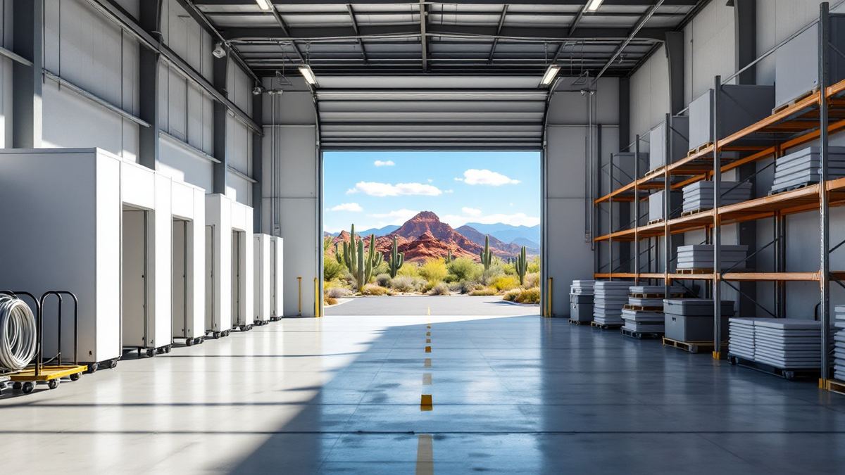 An election supply warehouse with shelving and an open dock facing Arizona desert mountains