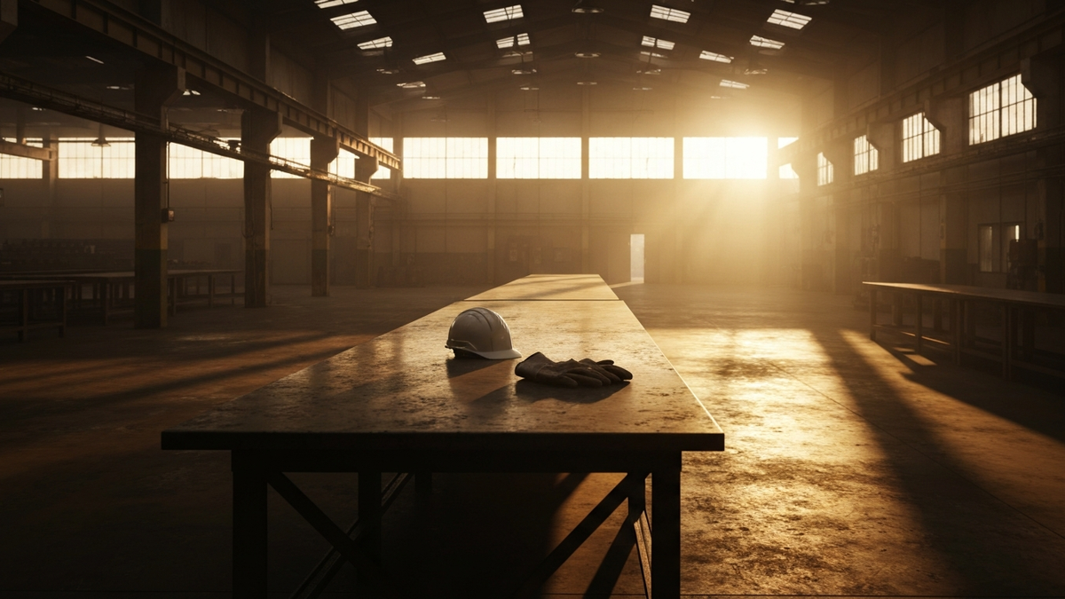 A vast empty industrial workshop at dawn with a hard hat and work gloves on a workbench in golden light, symbolizing a coming labor shortage and opportunity.