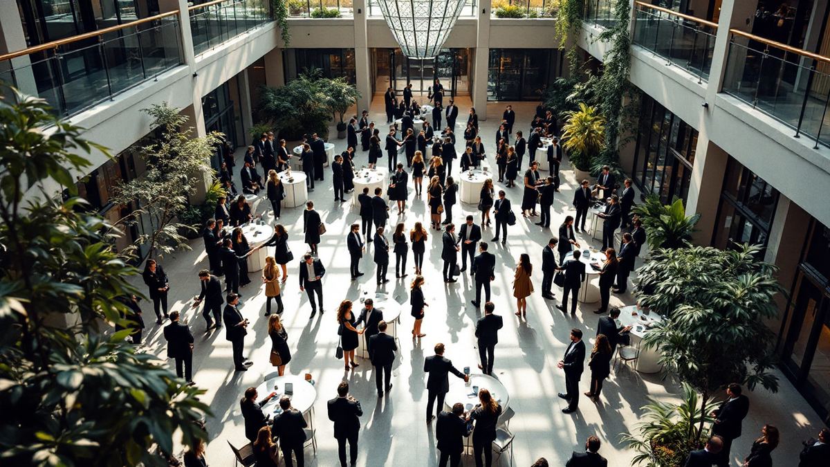 Business school recruiting day, graduates meeting recruiters, from above
