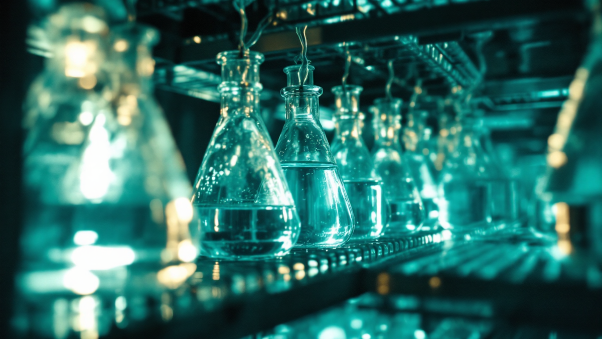 Close-up of unlabelled glass culture flasks on a laboratory incubator shelf under a cool teal glow
