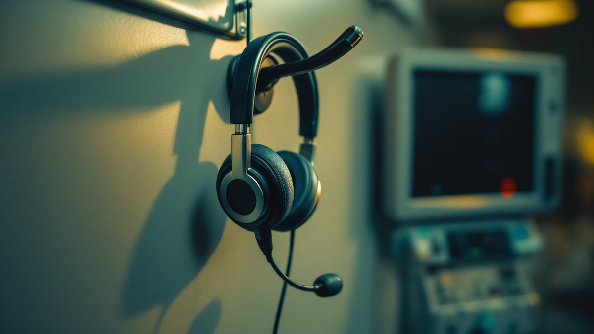 Dictation headset hanging on a hook beside a powered-down clinical terminal