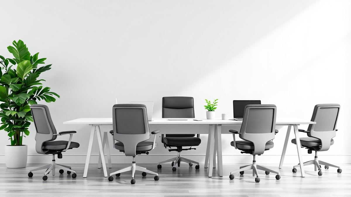 A cluster of office desks with grey task chairs and a larger lead desk at the head