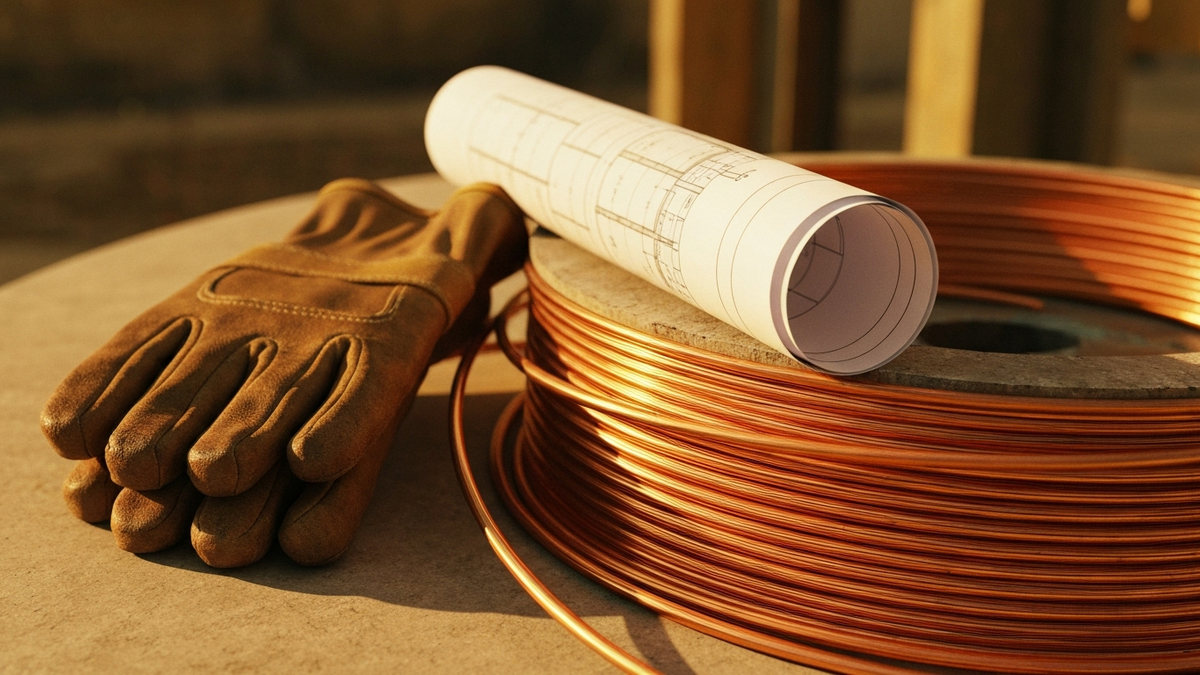 Hard hat, blueprint and copper cabling for Meta data center construction training