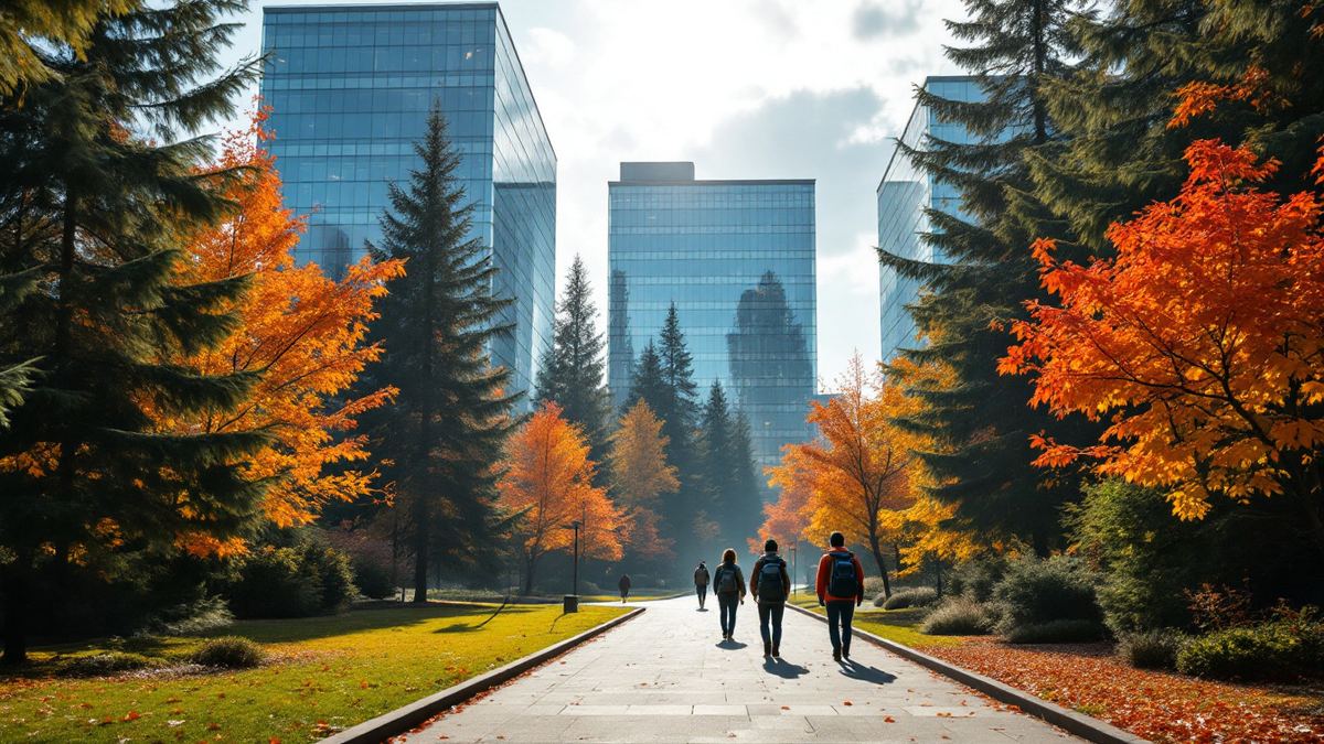 A corporate tech campus in autumn with a few staff walking away along a path in the distance
