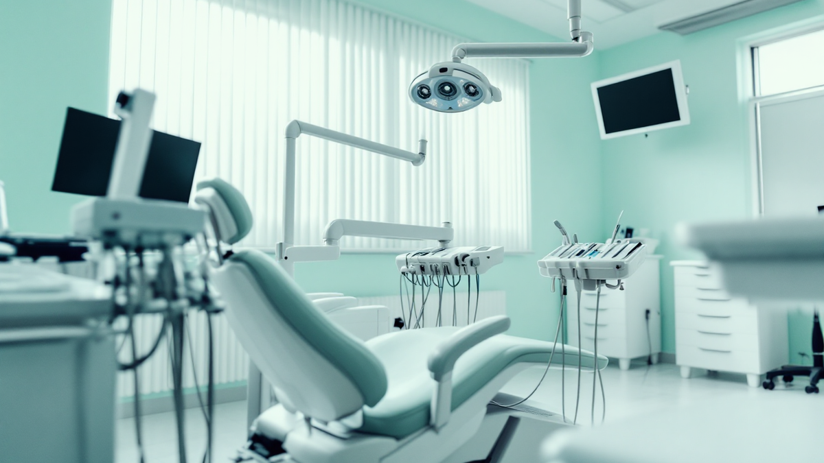Empty dental surgery operatory, treatment chair reclined and instrument tray covered