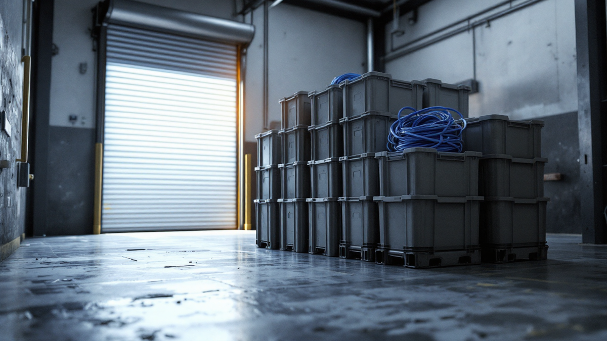 Stacked plain grey plastic stock totes beside a steel roller cage in a retail stockroom
