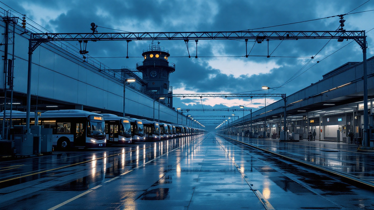 Bus depot at first light, a row of parked buses receding along a wet concrete apron
