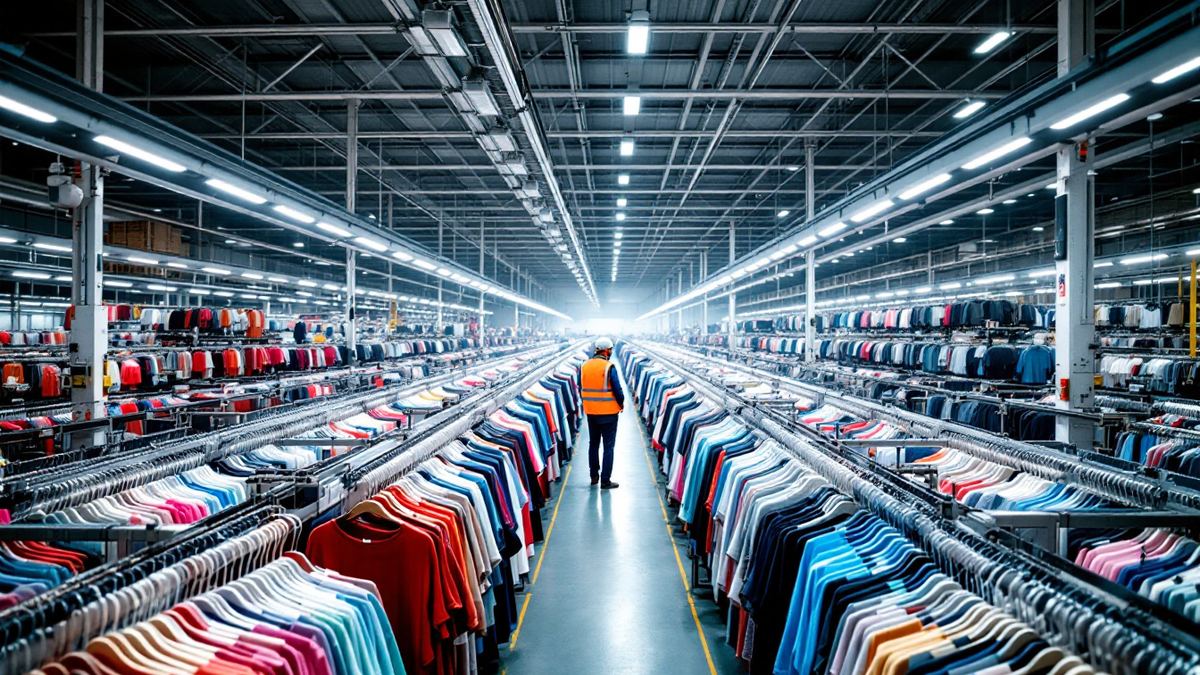 Overhead rails of hanging clothes in an automated warehouse
