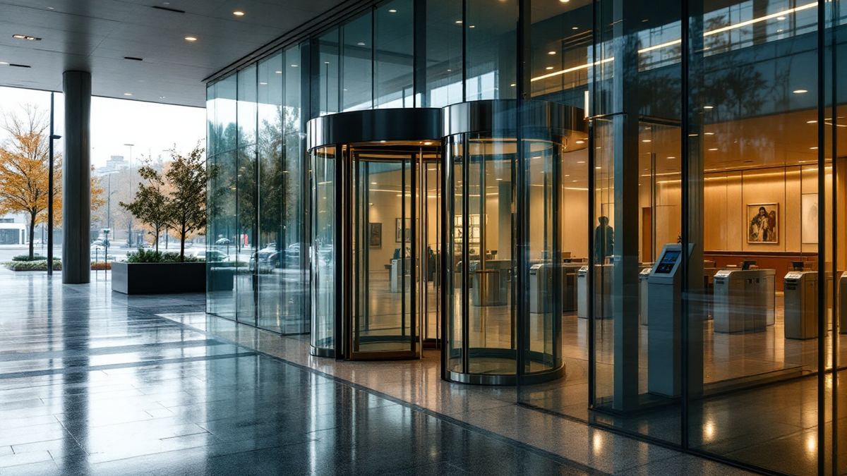 The revolving door entrance and turnstiles of a bank headquarters lobby
