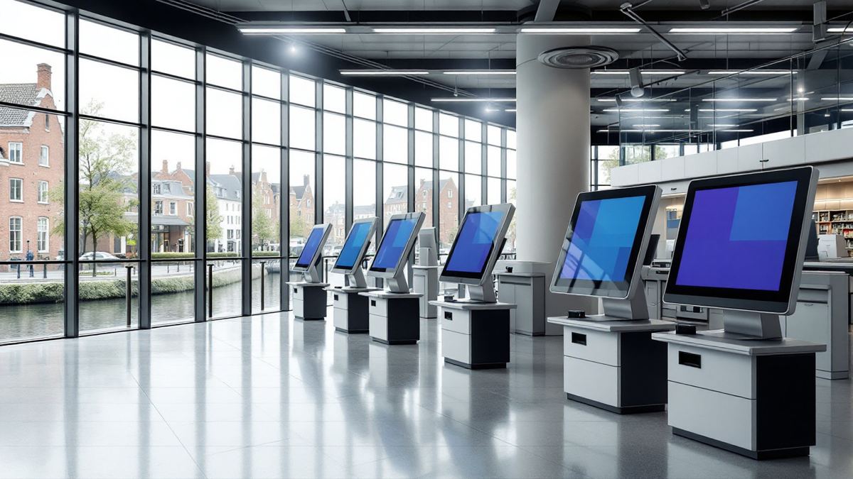A bright Dutch government service hall with self-service digital kiosks