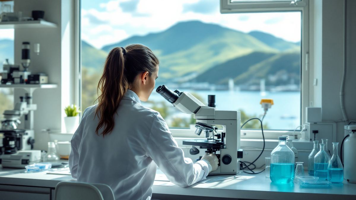 NZ research lab, student at a microscope seen from behind