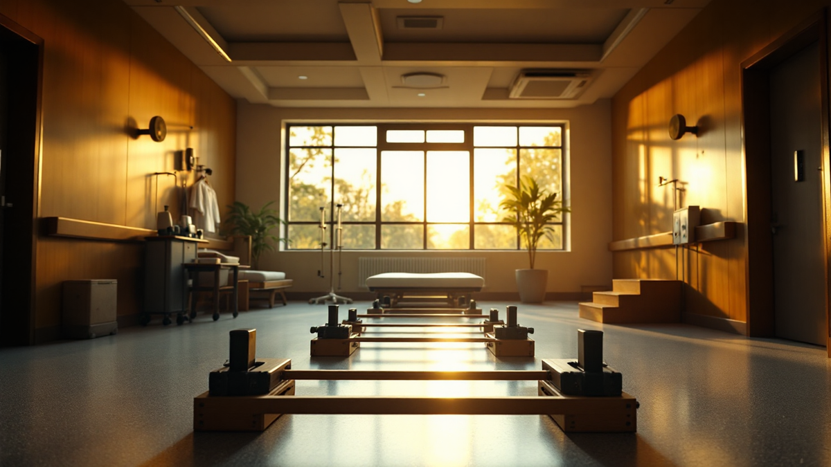 Empty hospital rehabilitation gym in warm late afternoon light, parallel bars and a therapy plinth on a pale floor