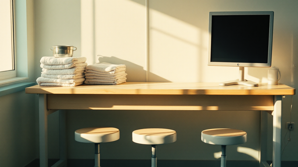 A hospital ward nurses station counter in warm morning light