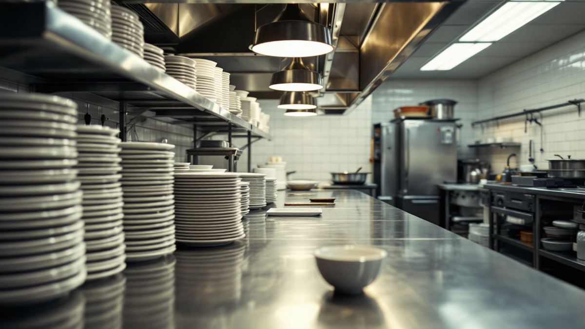 Stacks of clean white plates on a stainless steel restaurant kitchen pass after the last service