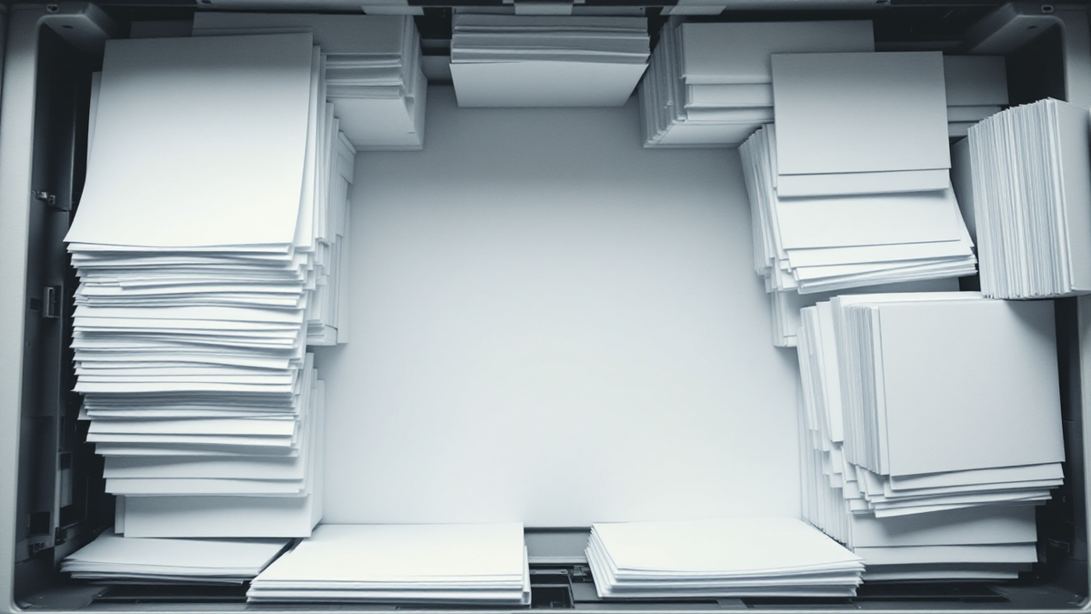 Stacked reams of blank paper in printer output trays