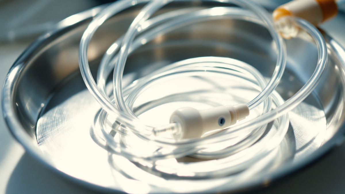 Coiled clear infusion tubing in a stainless steel tray