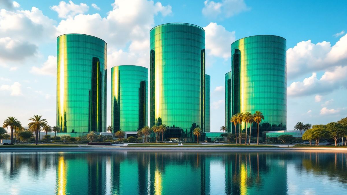 Green glass office towers of a tech company headquarters beside a calm lagoon on a sunny day