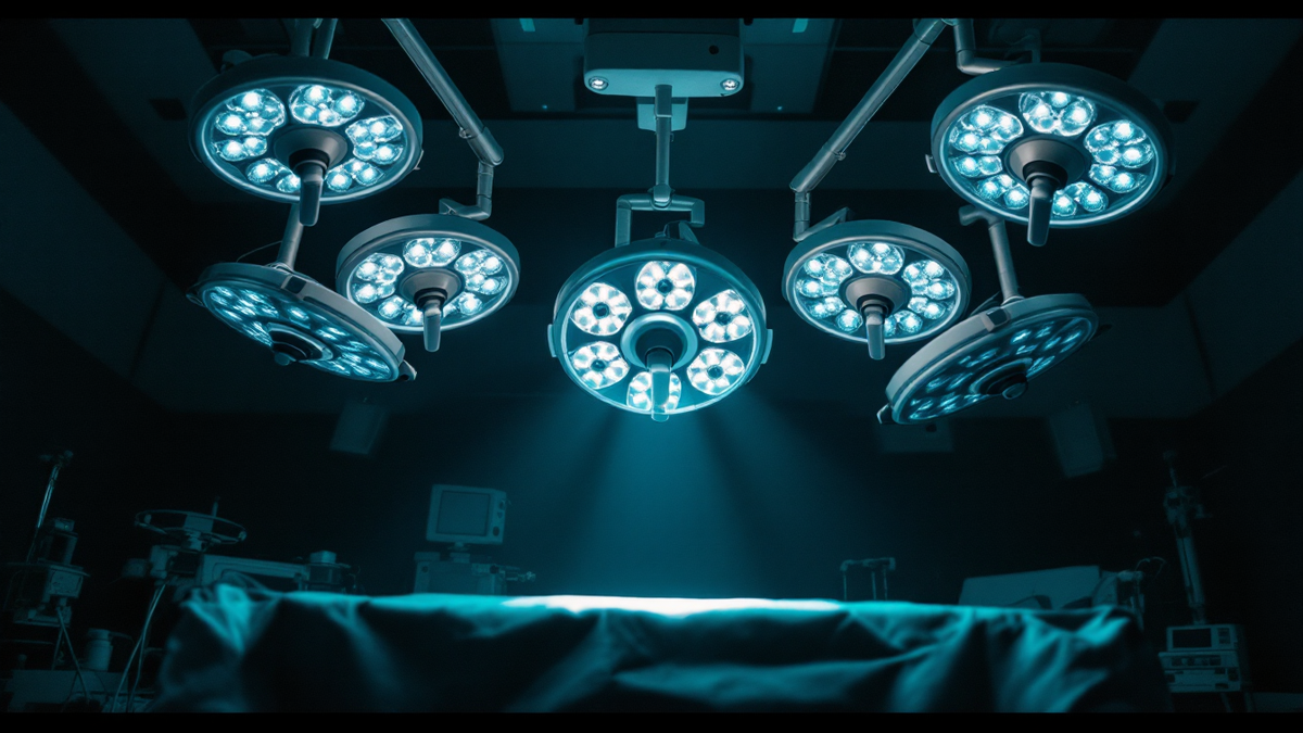 Surgical lightheads suspended above an empty operating table in a darkened theatre, seen from below