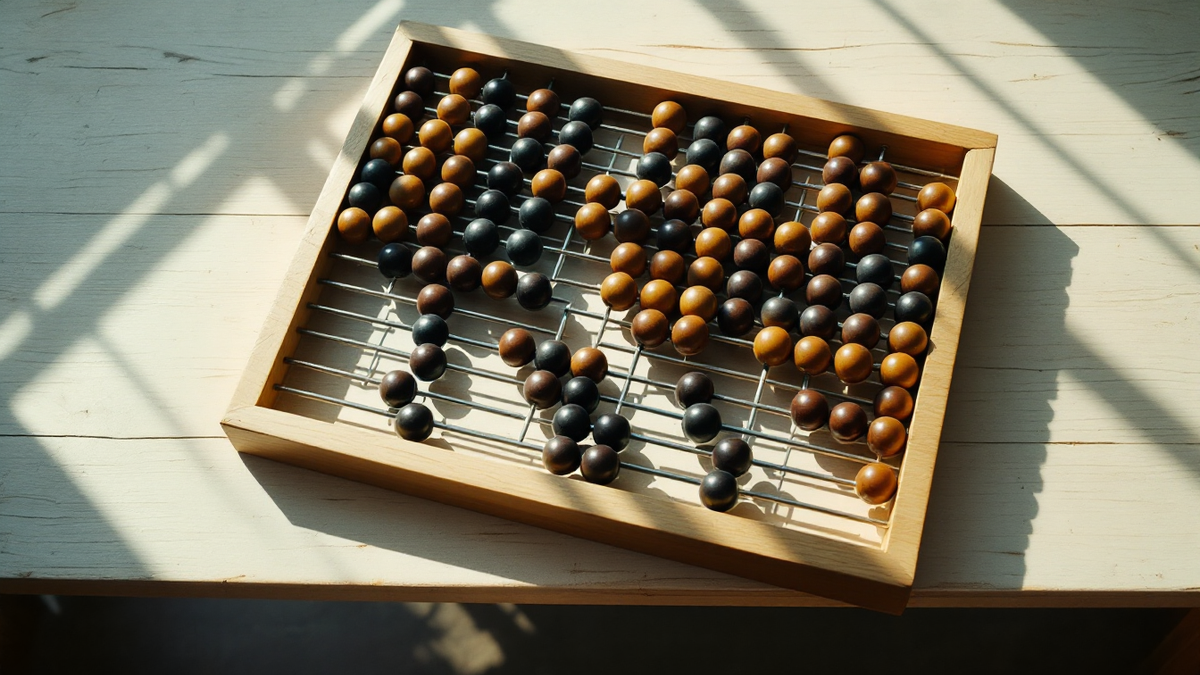 A wooden bead abacus lying on a pale scrubbed table in bright daylight