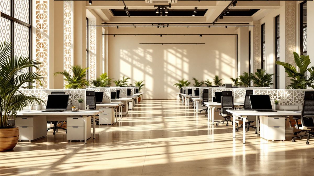 A bright consulting office floor in India with rows of desks and a carved jaali lattice screen