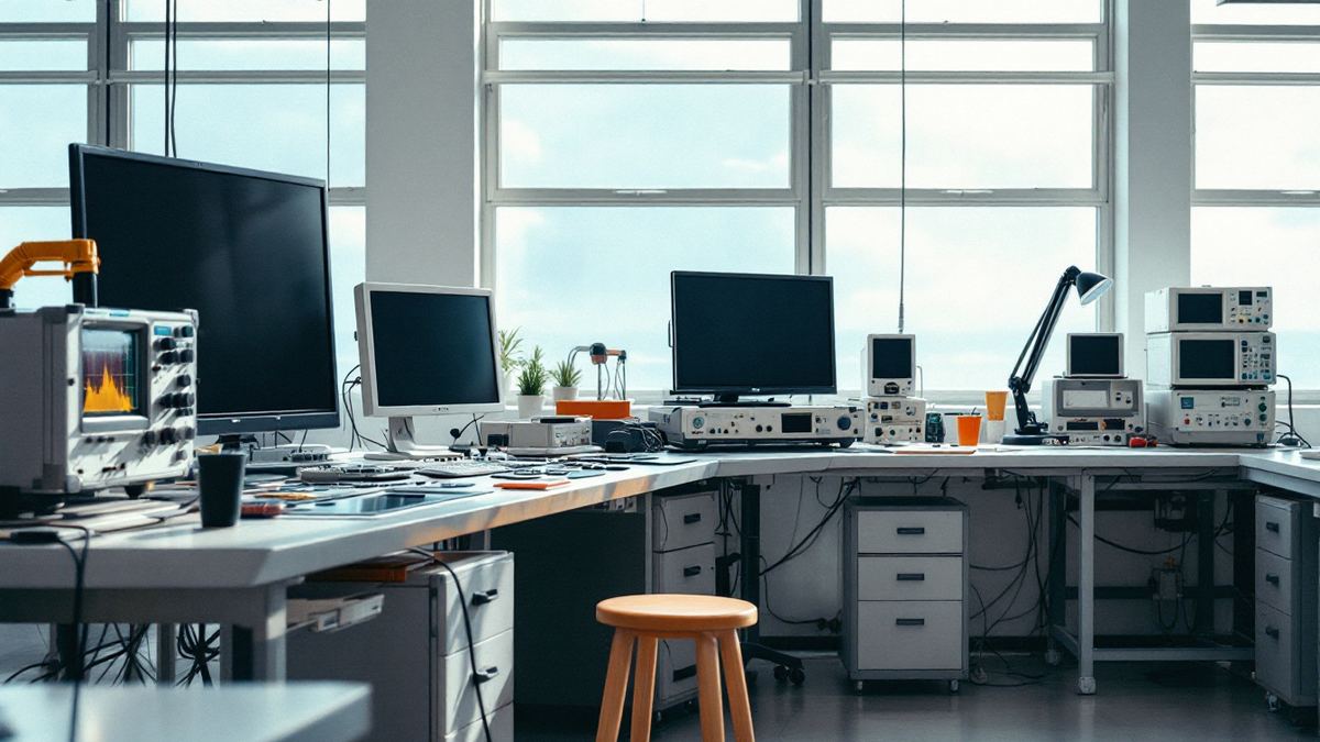 A semiconductor test lab with circuit boards and switched-off screens on the workbenches