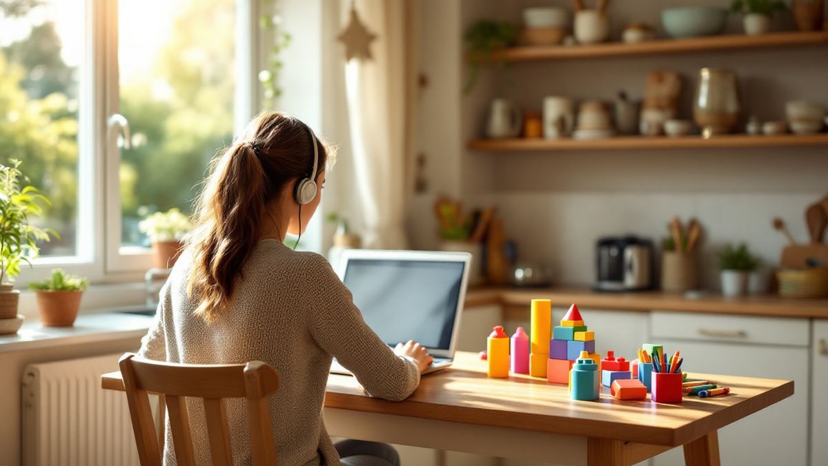 A mother seen from behind working on a laptop with a headset at a sunny kitchen table with toys nearby