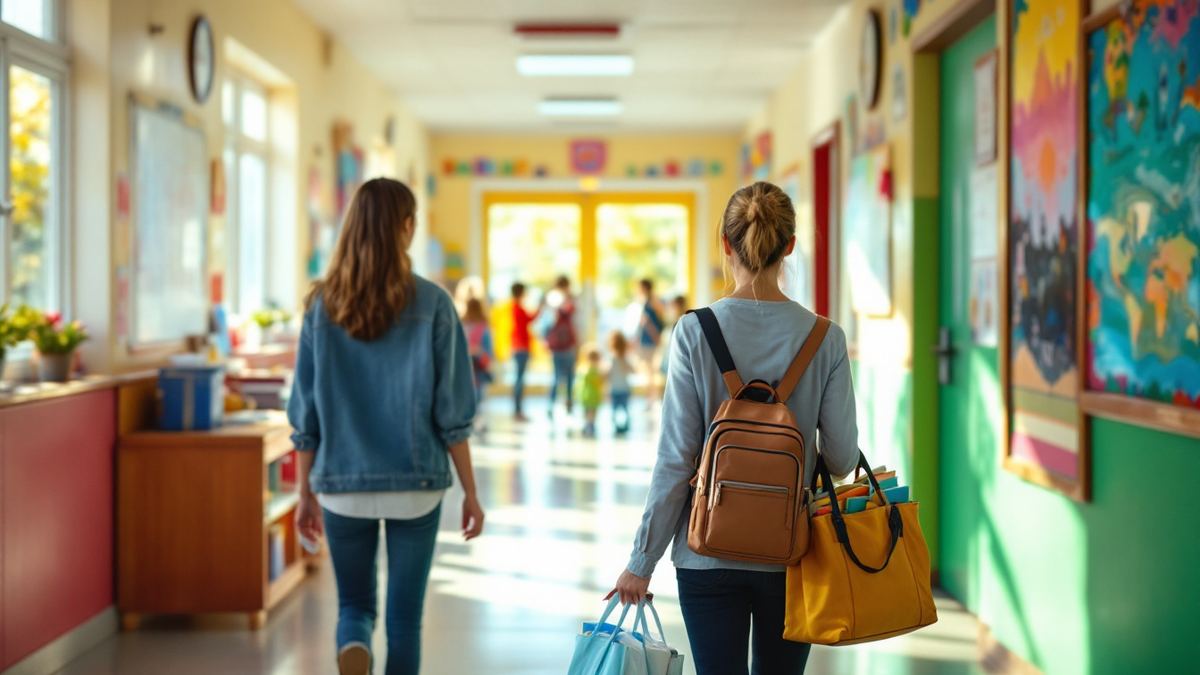 Teachers seen from behind walking down a bright school hallway carrying laptop and book bags