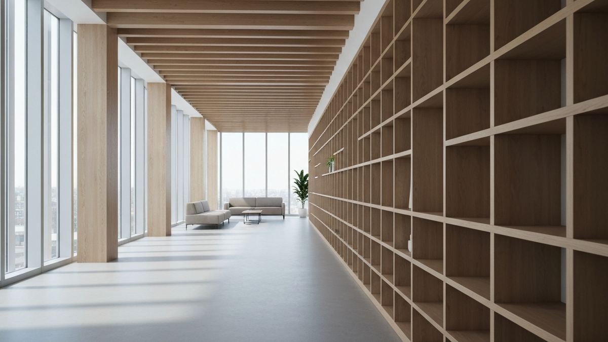 A clean, orderly modern office with open grid shelving, evoking a resume layout that reads at a glance.