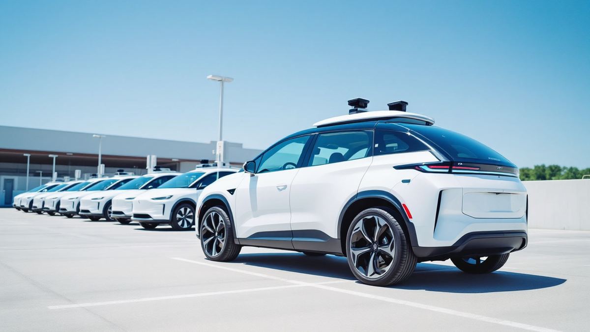 White robotaxis with roof-mounted lidar sensors parked at a fleet charging depot
