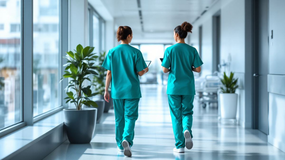 Two health workers in teal scrubs walking down a bright hospital corridor