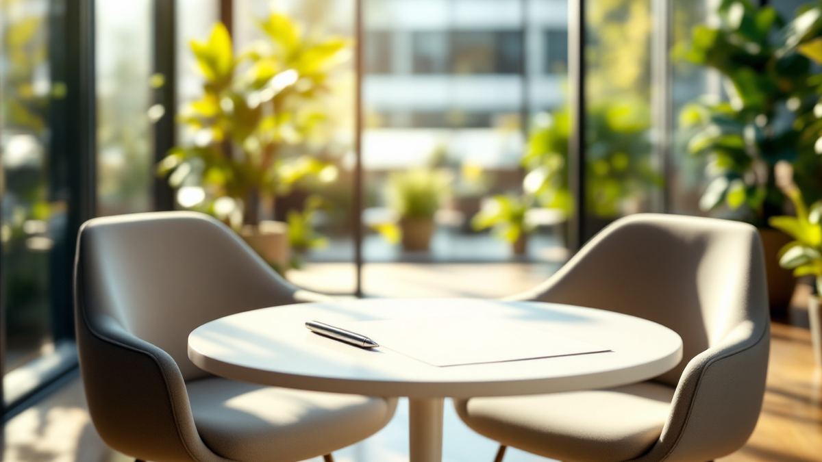 A sunny meeting-room table with a folded sheet of paper and a pen between two chairs