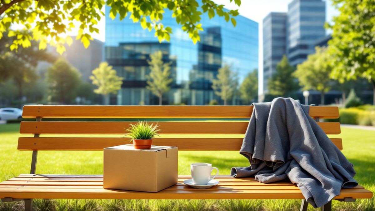 A cardboard box, a potted plant and a mug on a sunny bench outside a corporate campus