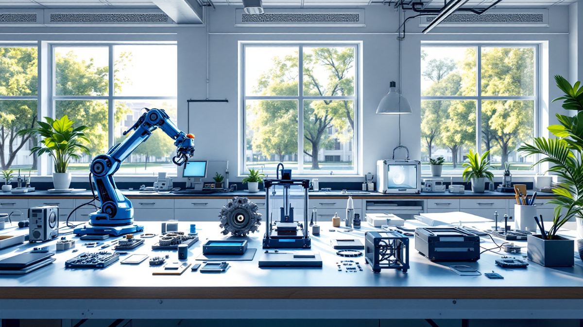 A university engineering lab with a robotic arm, a 3D printer and parts on a long workbench