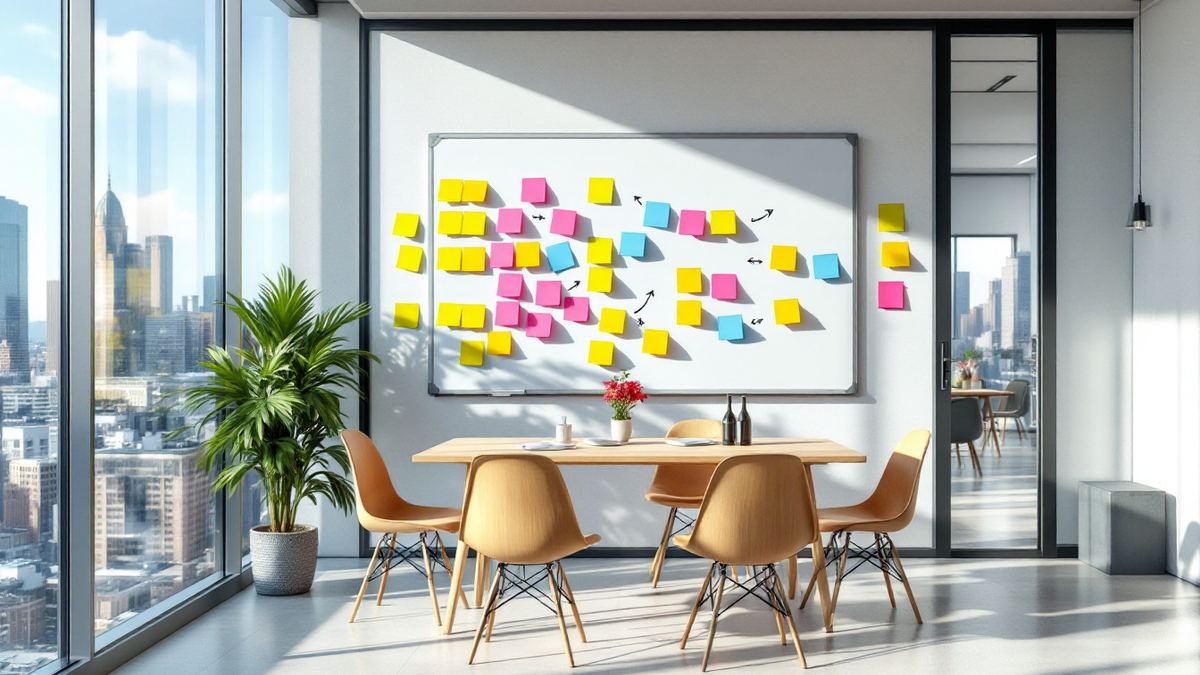 A sunlit project room with a whiteboard of colorful sticky notes mapped into a process